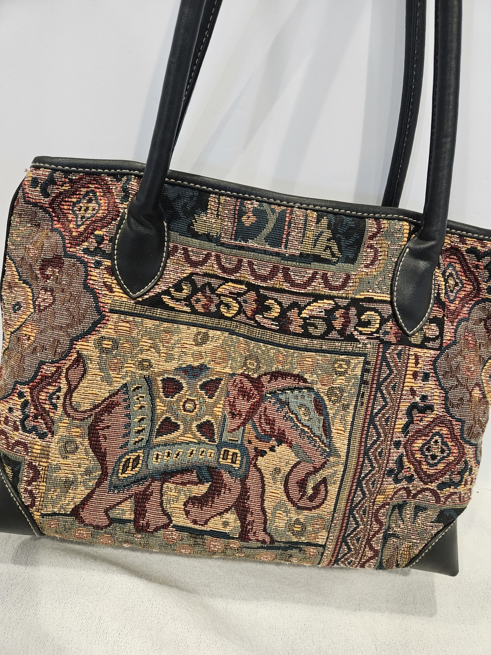 Vintage Tapestry Elephant Tote Bag in Multi-Color Needlepoint
